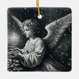 Angel und Weihnachtsbaum in Zurück und Weiß Keramikornament