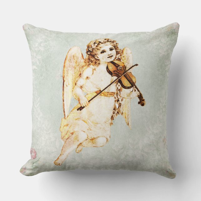 Angel Violine auf Vintagem Papier Hintergrund Kissen (Vorderseite)