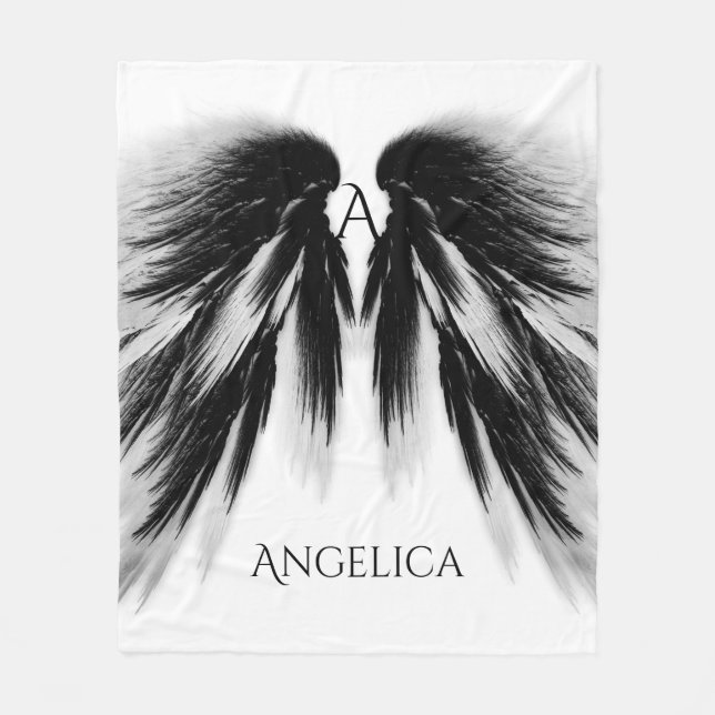 ANGEL WINGS Black Gray Monogram Fleecedecke (Vorderseite)