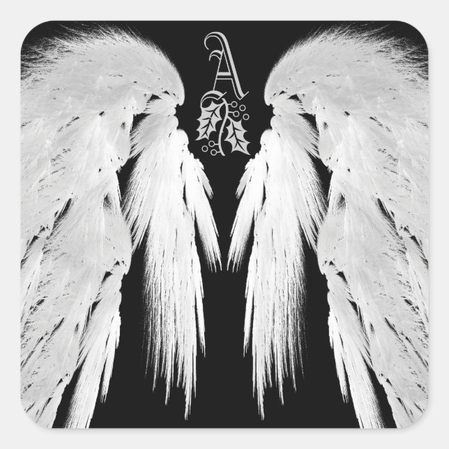 ANGEL WINGS Black Himmlisch Holly Monogram Quadratischer Aufkleber (Vorderseite)