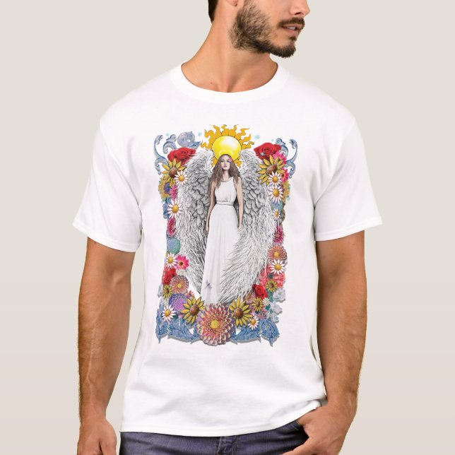 Angel Wings Blume und Feathers T-Shirt (Vorderseite)