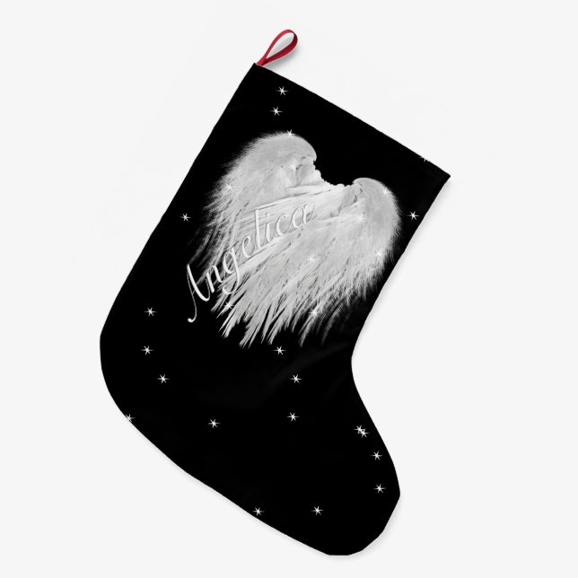 ANGEL WINGS 'Glauve' Heart Black Starry Großer Weihnachtsstrumpf (Vorderansicht (hängend))