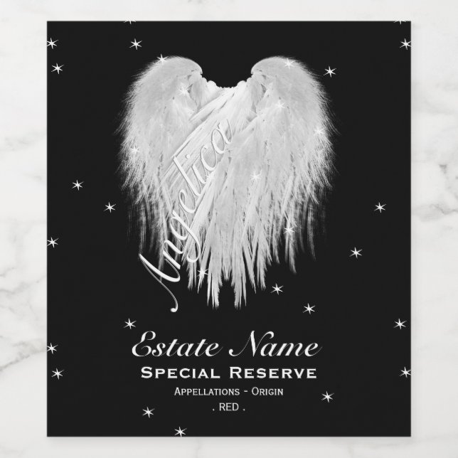ANGEL WINGS Heart Starry Night Black Weinetikett (Einzelnes Label)