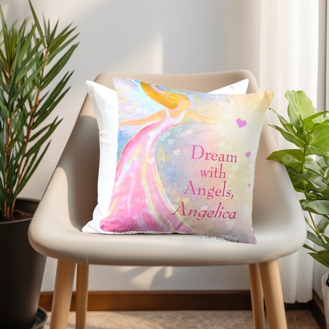 Angel Wings Pink Blue Heart Dream Wasserfarbe Name Kissen (Angel Pillow Personalized Name quote Dream with Angels Watercolor Art by Kristy Carr McAdams)