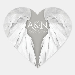 ANGEL WINGS Wedding Initials Elegant Gray Herz-Aufkleber