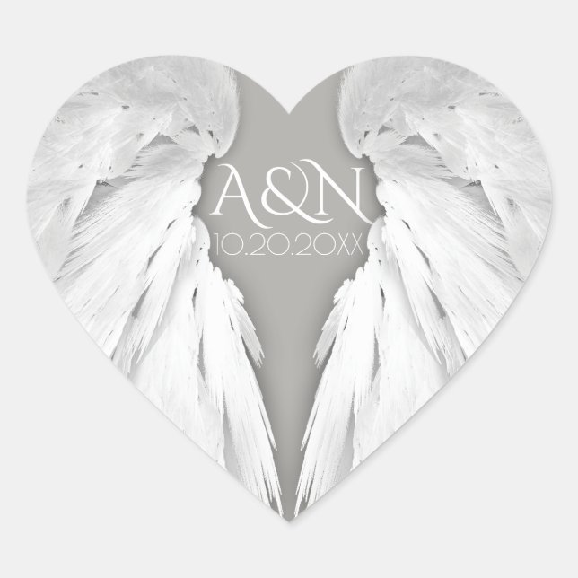 ANGEL WINGS Wedding Initials Elegant Gray Herz-Aufkleber (Vorderseite)