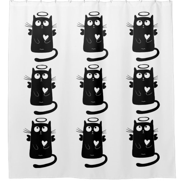 Angelic Black Cat Cartoon Duschvorhang (Vorderseite)