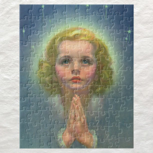 Angelic Blond Girl with Halo and Stars Praying Puzzle