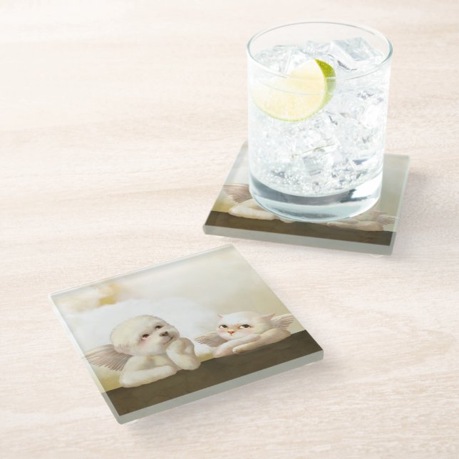 Angelic Dog und Cat on Cloud Glasuntersetzer (Schrägansicht)