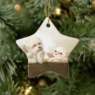 Angelic Dog und Cat on Cloud Keramik Ornament