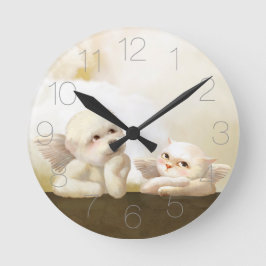 Angelic Dog und Cat on Cloud Runde Wanduhr