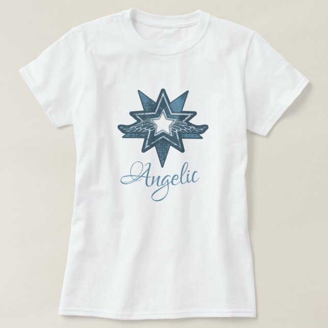 Angelic star wing art in blue graphic T - Shirt (Design vorne)