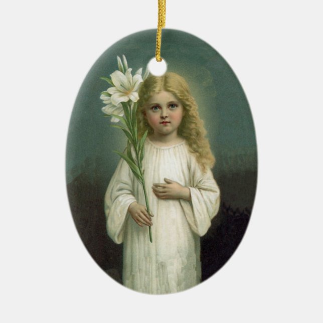 Angelic Viktorianisch Blond Girl White Lily Green Keramik Ornament (Vorne)