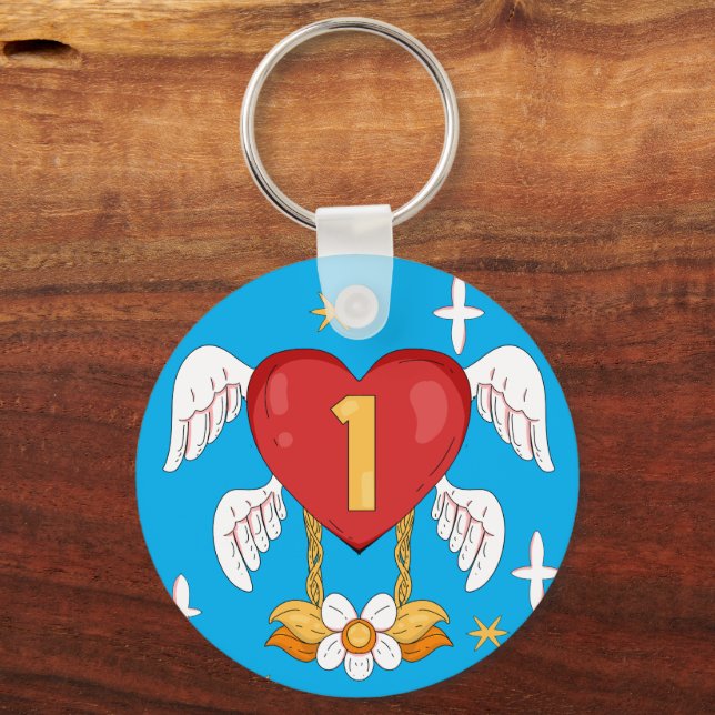 Angelic Wings Heart With Number One in The middle Schlüsselanhänger (Vorderseite)