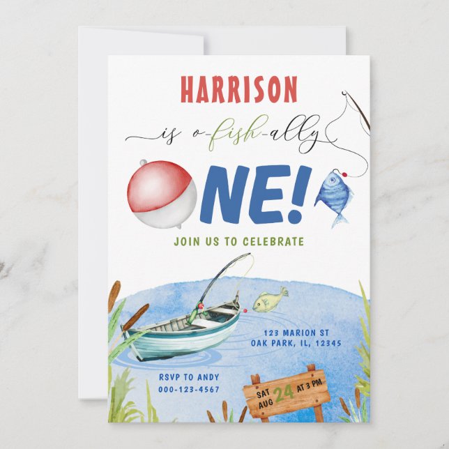 Angeljunge O-Fisch am 1. Geburtstag Einladung (Vorderseite)