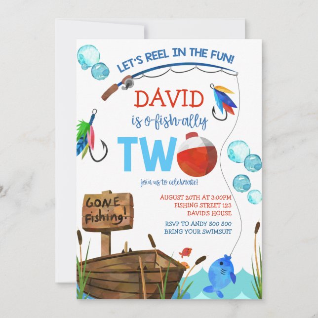 Angeln 2. Geburtstag Junge O-Fisch-ally Einladung (Vorderseite)