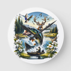 Angeln, Hirschjagd, Entenjagd Runde Wanduhr