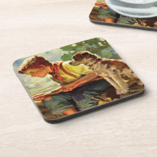 Angeln im Vintage-Stil, Junge mit seinem Welpen un Getränkeuntersetzer