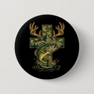 Angeln Jagd Christliches Kreuz Berg Jesus Button