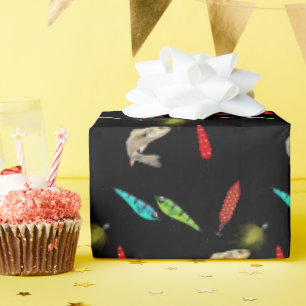 Angeln Köder Mit Fisch Auf Schwarz Geschenkpapier