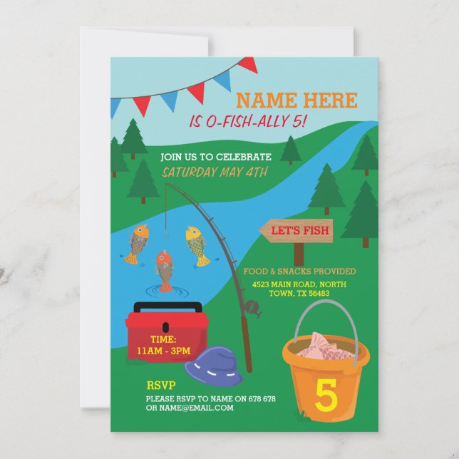 Angeln Let's Fish BIRTHDAY PARTY Lake Rod laden ei Einladung (Vorderseite)