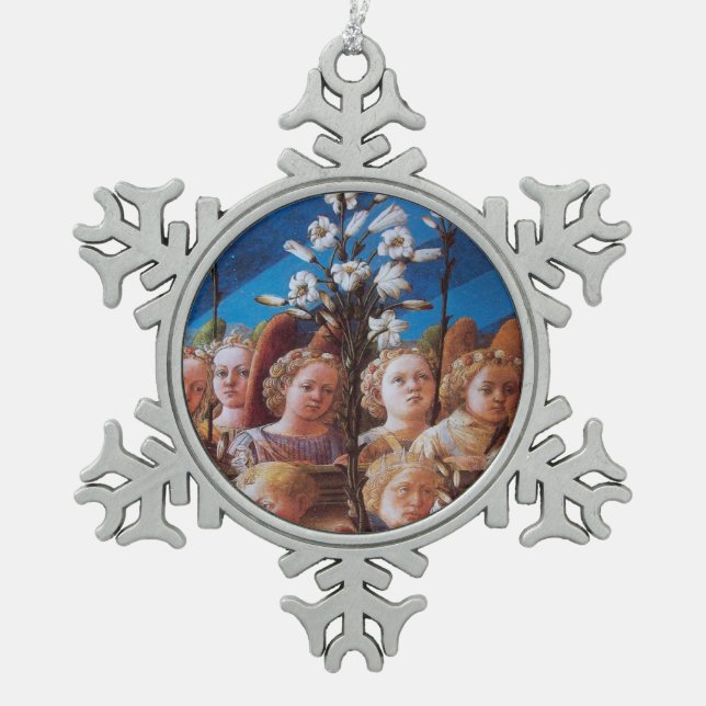 ANGELN MIT WEISSEN LILIEN SCHNEEFLOCKEN Zinn-Ornament (Vorderseite)