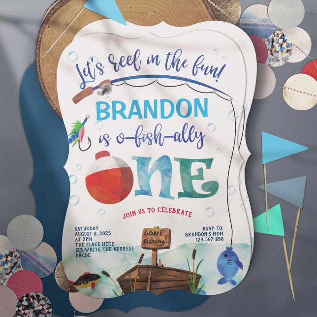 Angeln zum ersten Geburtstag, Kleiner Fischer Einladung (Little fisherman, gone fishing, o fish ally, fishing themed boy 1st birthday invitations.)