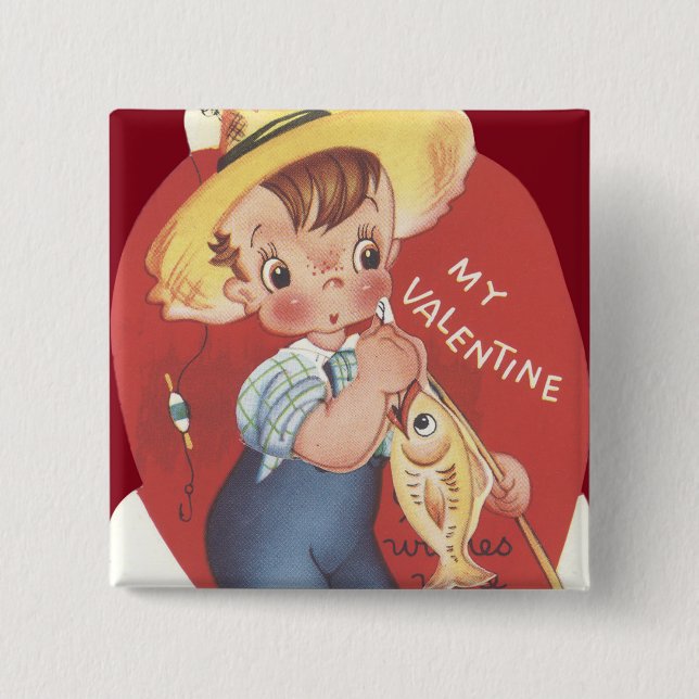 Angelrute Fischer Landjunge Valentinstag Button (Vorderseite)