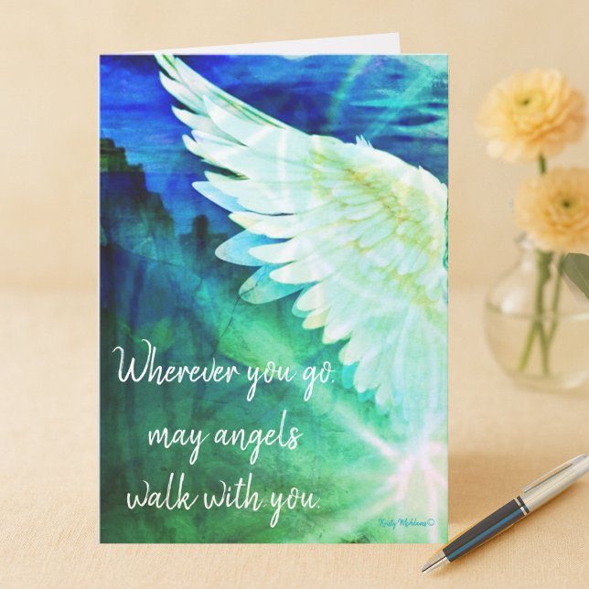Angels gehen mit dir Guardian Angel Blue Wing Note Karte (Angel note card blue green wing Wherever you go may angels walk with you quote art Kristy McAdams)