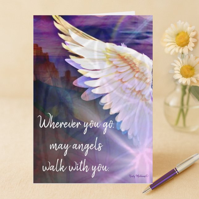 Angels gehen mit Dir Guardian Angel Lila Wing Karte (Watercolor style illustration card of angel's wing purple hues with message ‘"Angels walk with you")