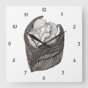 Angels Kissing , black and white Design Quadratische Wanduhr
