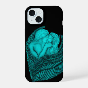 Angels Kissing , Schwarz-Grün-Design iPhone 15 Hülle