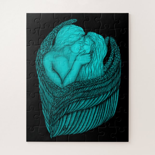 Angels Kissing , Schwarz-Grün-Design Puzzle (Vertikal)
