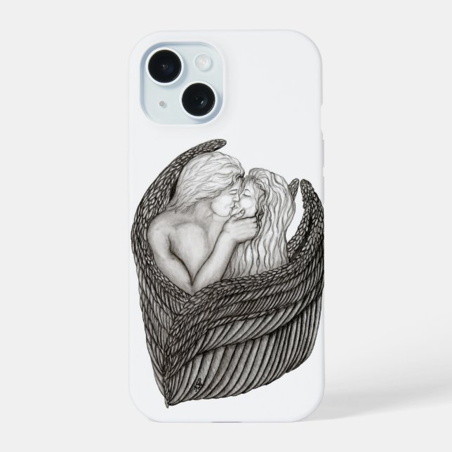 Angels Kissing , Schwarz-Weiß-Design iPhone 15 Hülle (Rückseite)