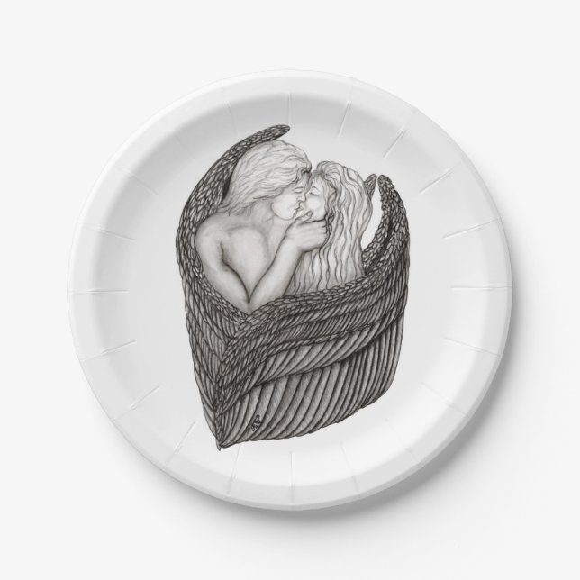 Angels Kissing , Schwarz-Weiß-Design Pappteller (Vorderseite)