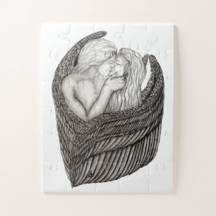 Angels Kissing , Schwarz-Weiß-Design Puzzle