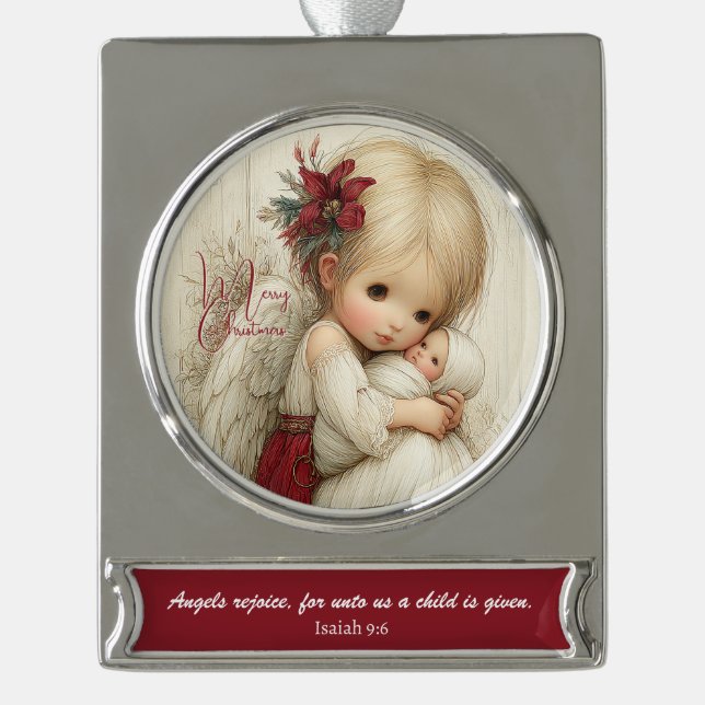 Angels Rejoice – Sacred Christmas Blessing Banner-Ornament Silber (Vorderseite)
