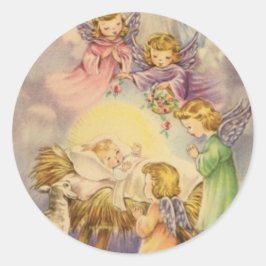 Angels schauen über das Baby Jesus Runder Aufkleber