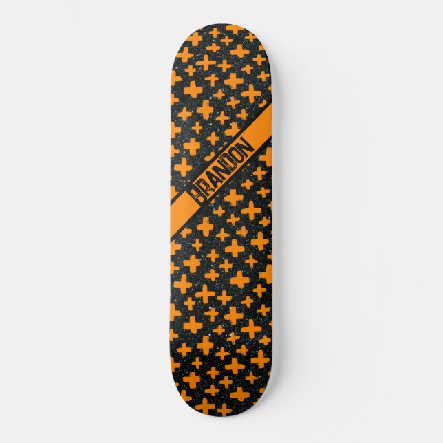 Angemalt Plus in Orange mit Name Skateboard (Vorderseite)