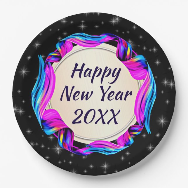 Angemalt Ribbon am nächtlichen Himmel Happy New Ye Pappteller (Vorderseite)