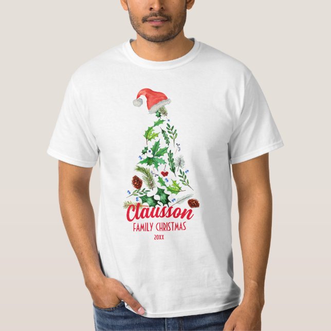 Angepasste Familienname Weihnachtsbaum Santa T-Shirt (Vorderseite)