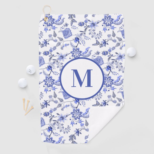 Angepasste Monogramm Antiblau Weiße Blüte Golfhandtuch (Insitu)