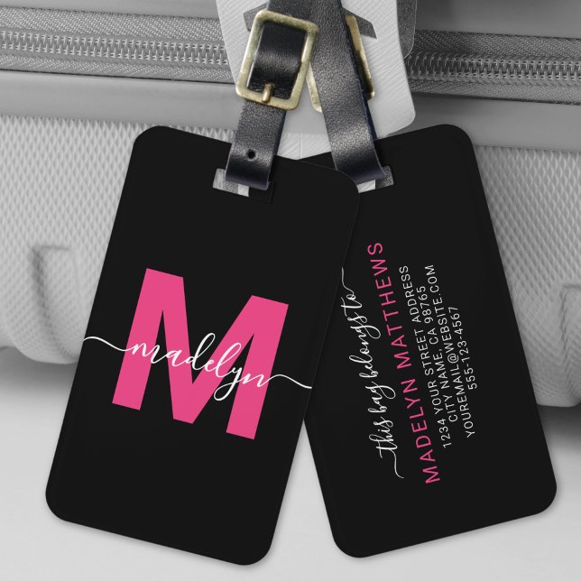 Angepasster moderner Name für Girl-Rosa Monogramm Gepäckanhänger (Custom Modern Girly Pink Monogram Name Luggage Tag)