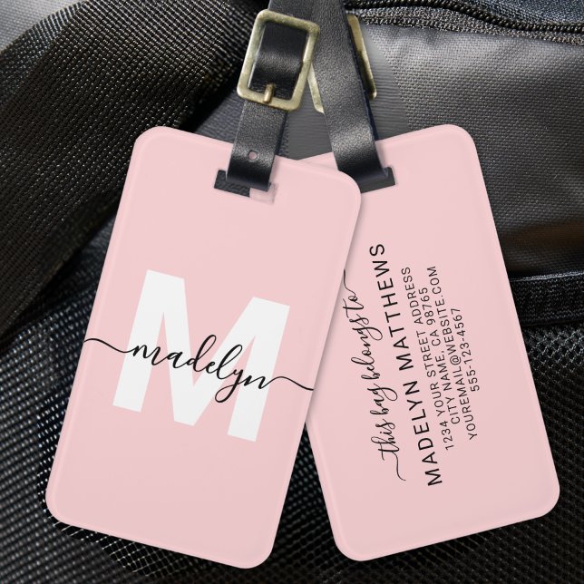 Angepasster Name für ein Girl Blush Pink Monogramm Gepäckanhänger (Custom Modern Girly Blush Pink Monogram Name Luggage Tag)