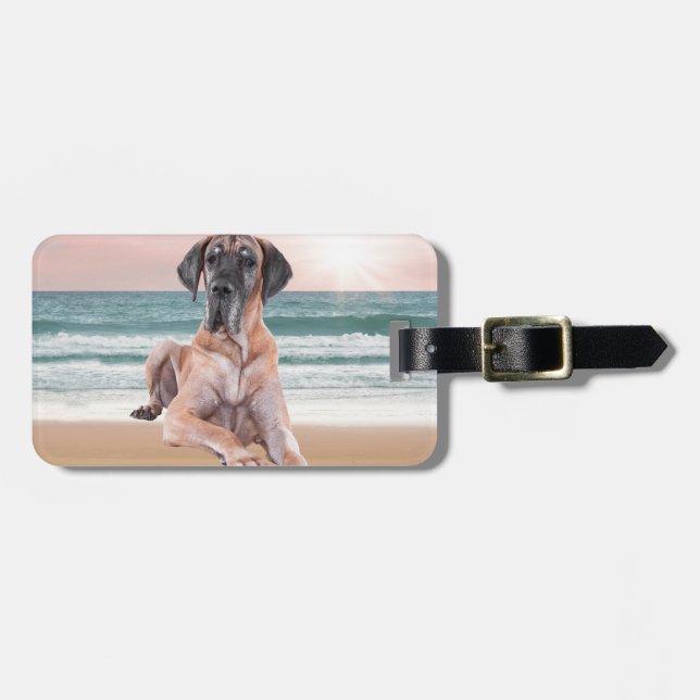 Angepasster Niedlicher Großer Dan Hund sitzend am  Gepäckanhänger (Vorderseite horizontal)