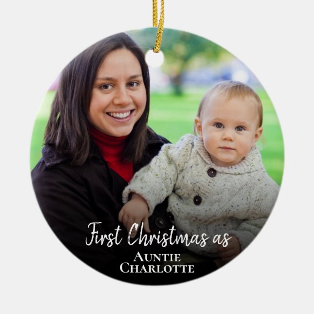 Angepasstes 1. Weihnachten als Tante 2 Foto Weißes Keramik Ornament (Vorne)