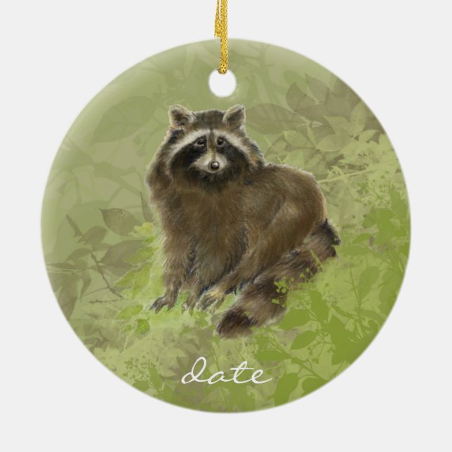 Angepasstes Datum, Raccoon, Wasserfarbtier Keramik Ornament (Hinten)