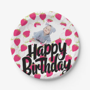 Angepasstes Erdbeermuster - Happy Birthday Pappteller