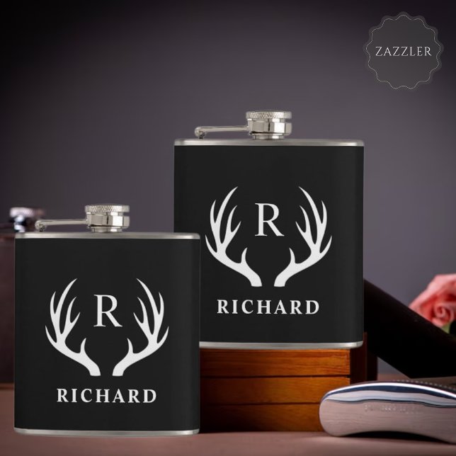 Angepasstes Monogramm mit Schwarz-weißem Hirschant Flachmann (Custom Monogram with Black White Deer Antler Flask)