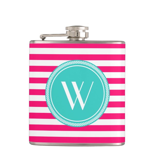 Angepasstes Monogramm rosa und Aquamarin gestriche Flachmann (Vorderseite)